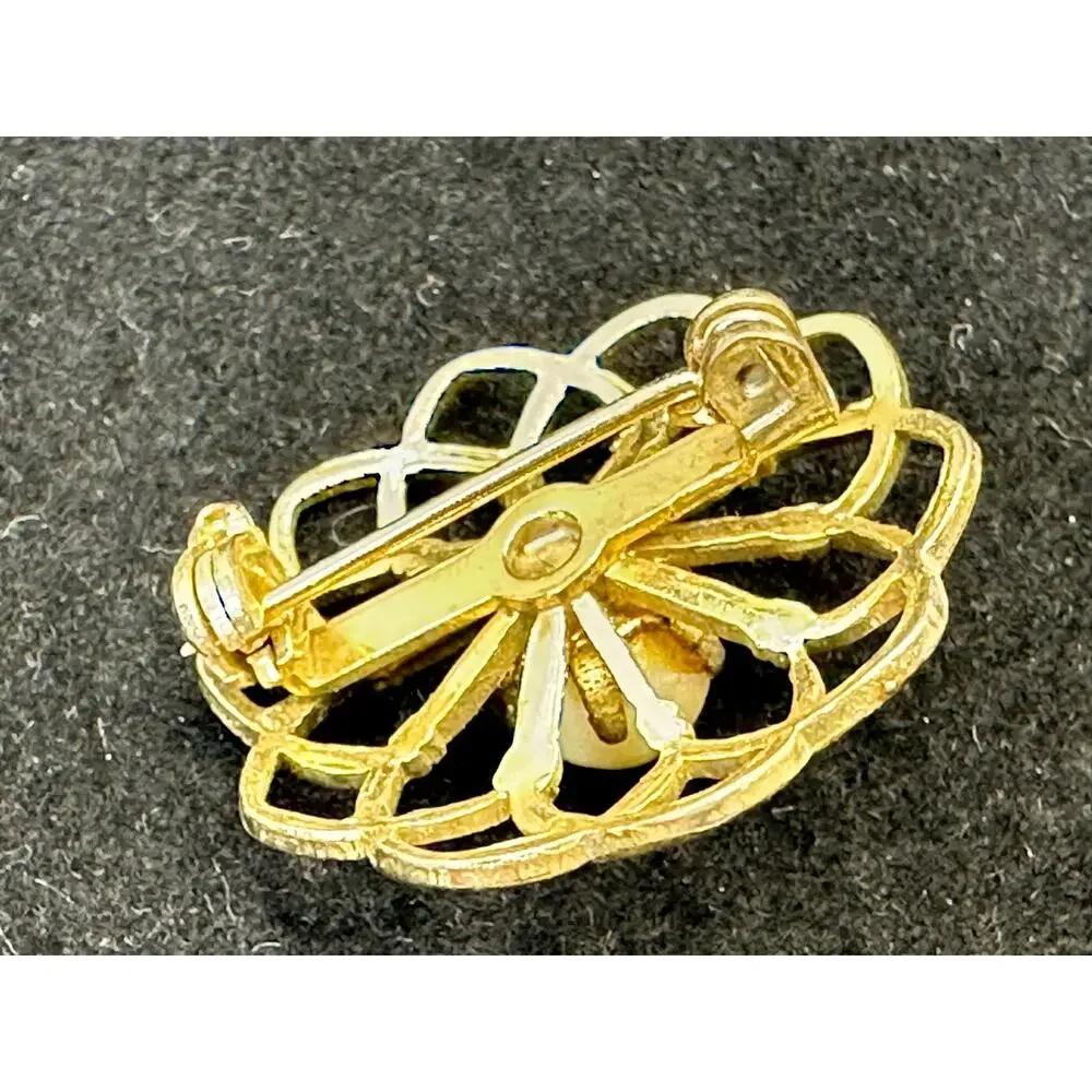 Gold-Tone Floral Pin With Single Pearl Center Vintage Openwork Design Estate